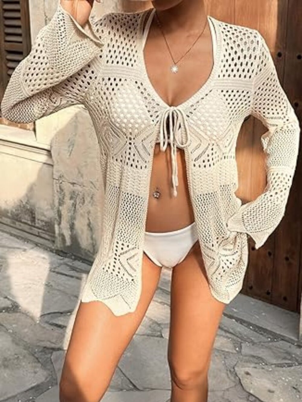 Crochet Cardigans for Women Long Sleeve Tie Front Bow Cardigan Sweaters Hollow O
